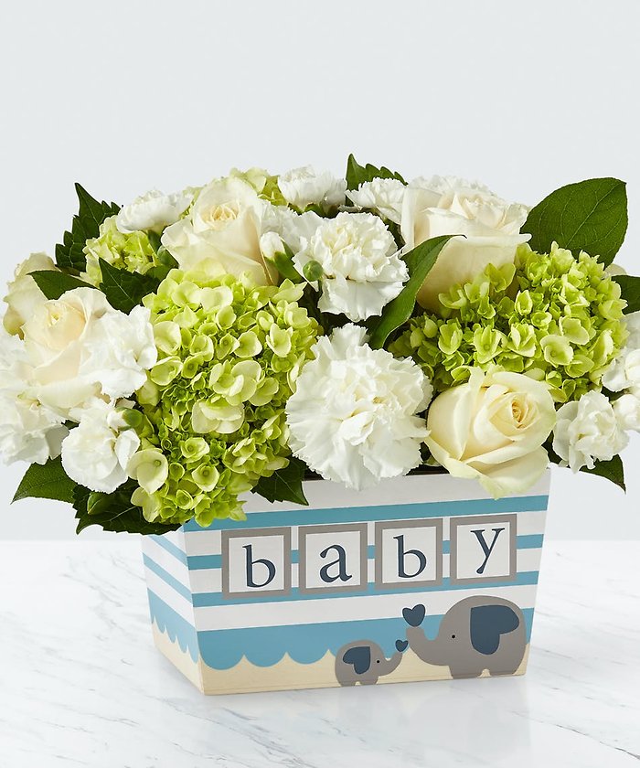 Darling Baby Boy Bouquet in Wooded Box