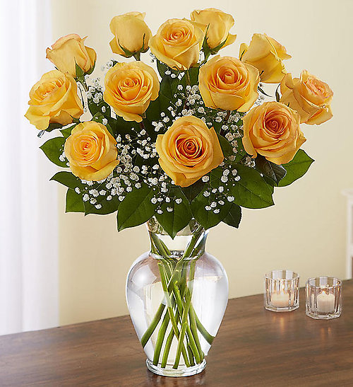 Dozen Long Stem Yellow Roses in Vase