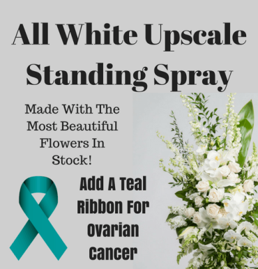 Ovarian Cancer Upscale All White Standing Spray with Teal Ribbon