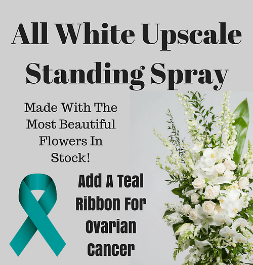 Ovarian Cancer Upscale All White Standing Spray with Teal Ribbon